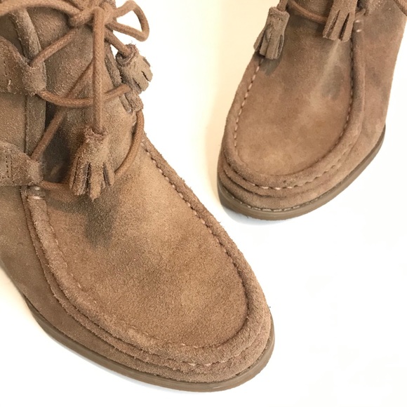 {LUCKY BRAND} "Yaney" Suede Wedge Lace Up Tan - Picture 2 of 11